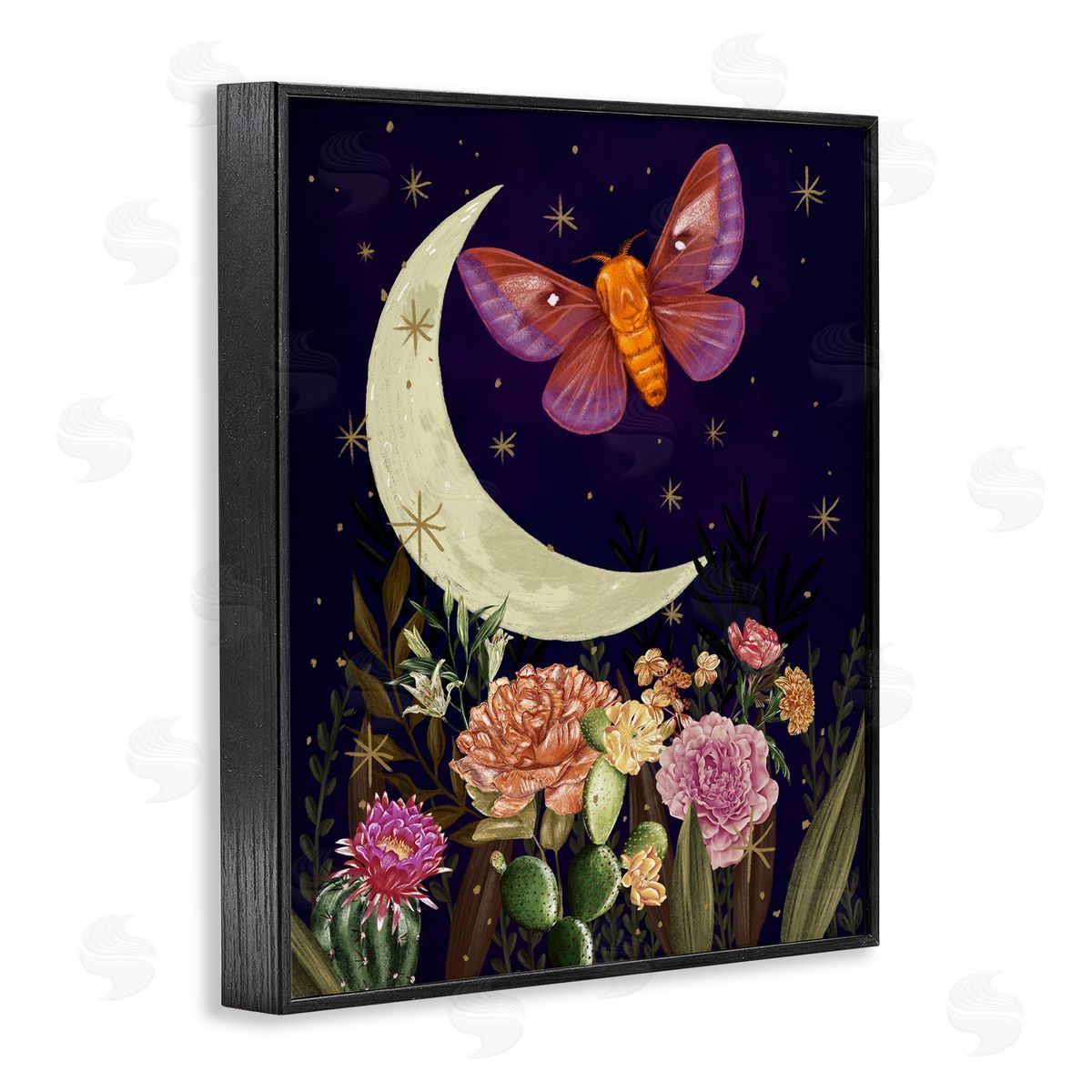Raquel Maciel Lunar Butterfly Flying Night Sky Floral Garden Black Framed Giclee Wall Art Print