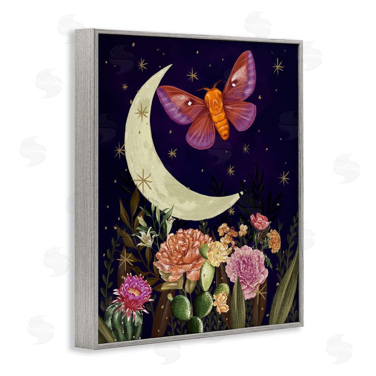 Raquel Maciel Lunar Butterfly Flying Night Sky Floral Garden Gray Framed Giclee Wall Art Print
