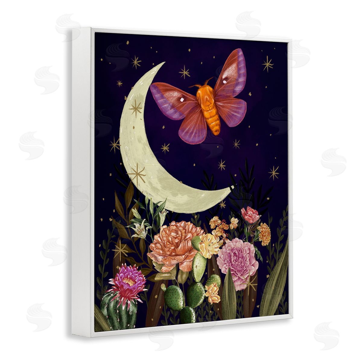 Raquel Maciel Lunar Butterfly Flying Night Sky Floral Garden White Framed Giclee Wall Art Print