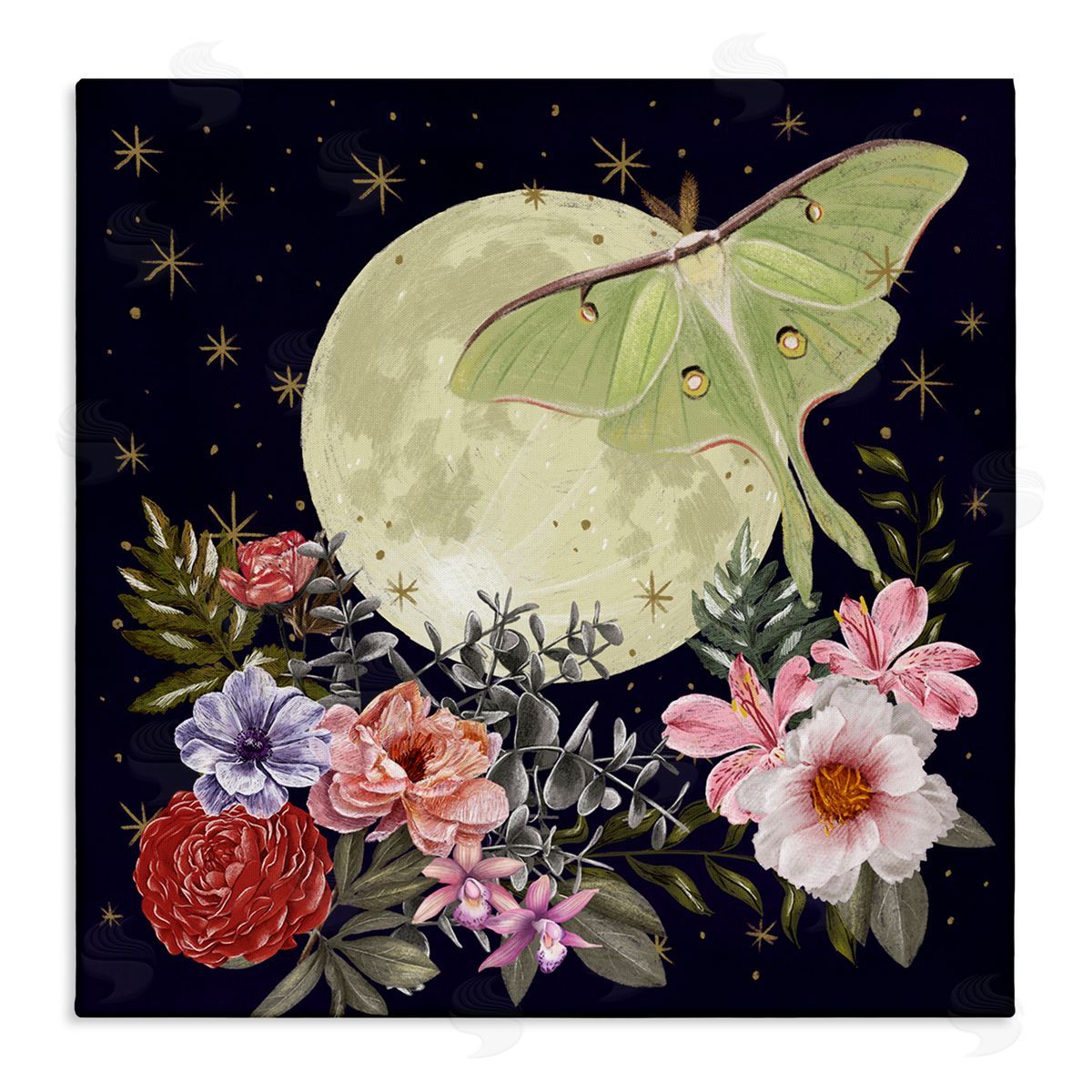 Raquel Maciel Calming Nighttime Luna Moth Flying Moon Flowers Stretched Canvas Wall Art Print