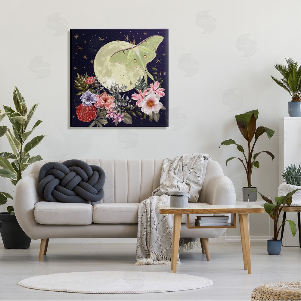 Raquel Maciel Calming Nighttime Luna Moth Flying Moon Flowers Canvas Wall Art in Room