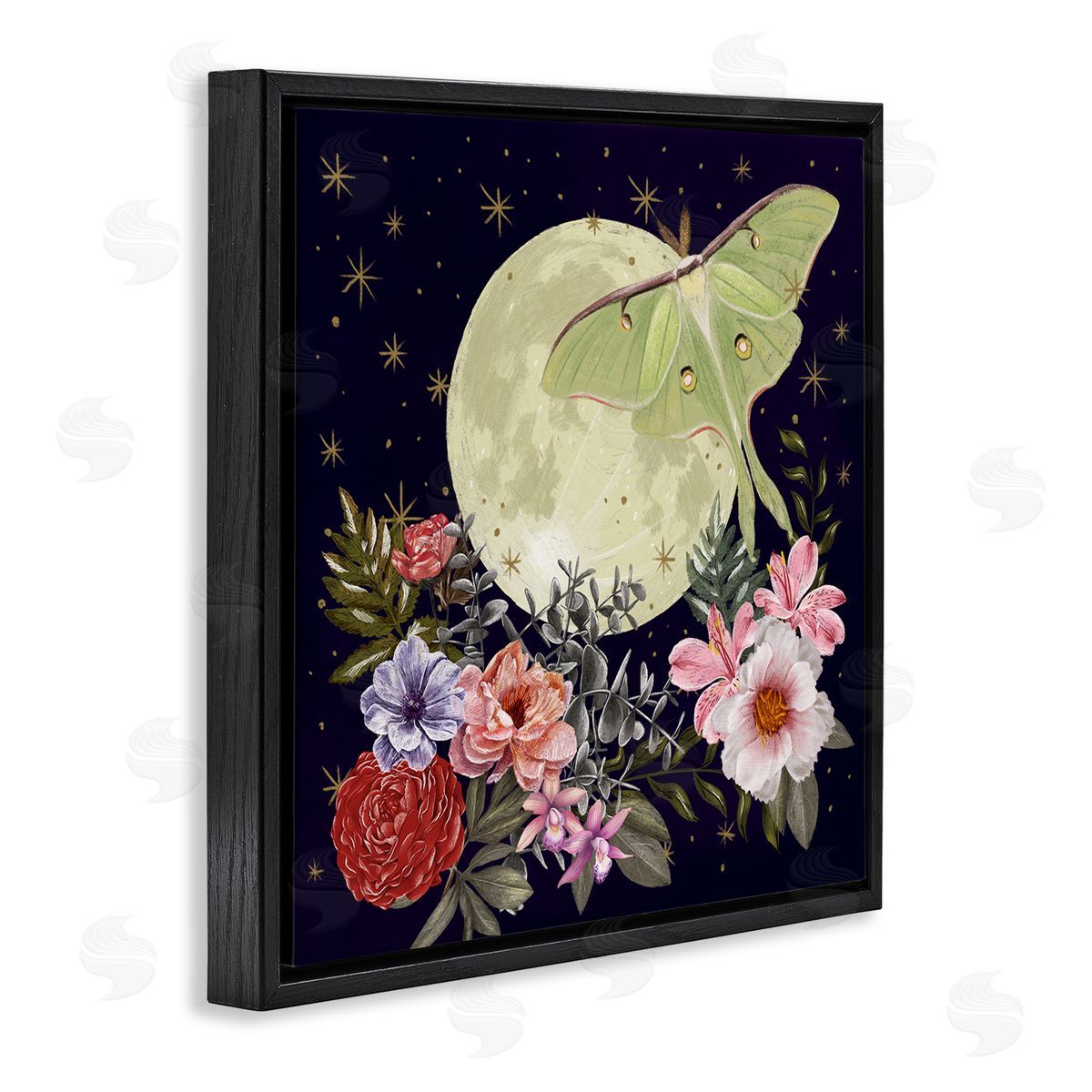 Raquel Maciel Calming Nighttime Luna Moth Flying Moon Flowers Black Floating Frame Canvas Wall Art Print