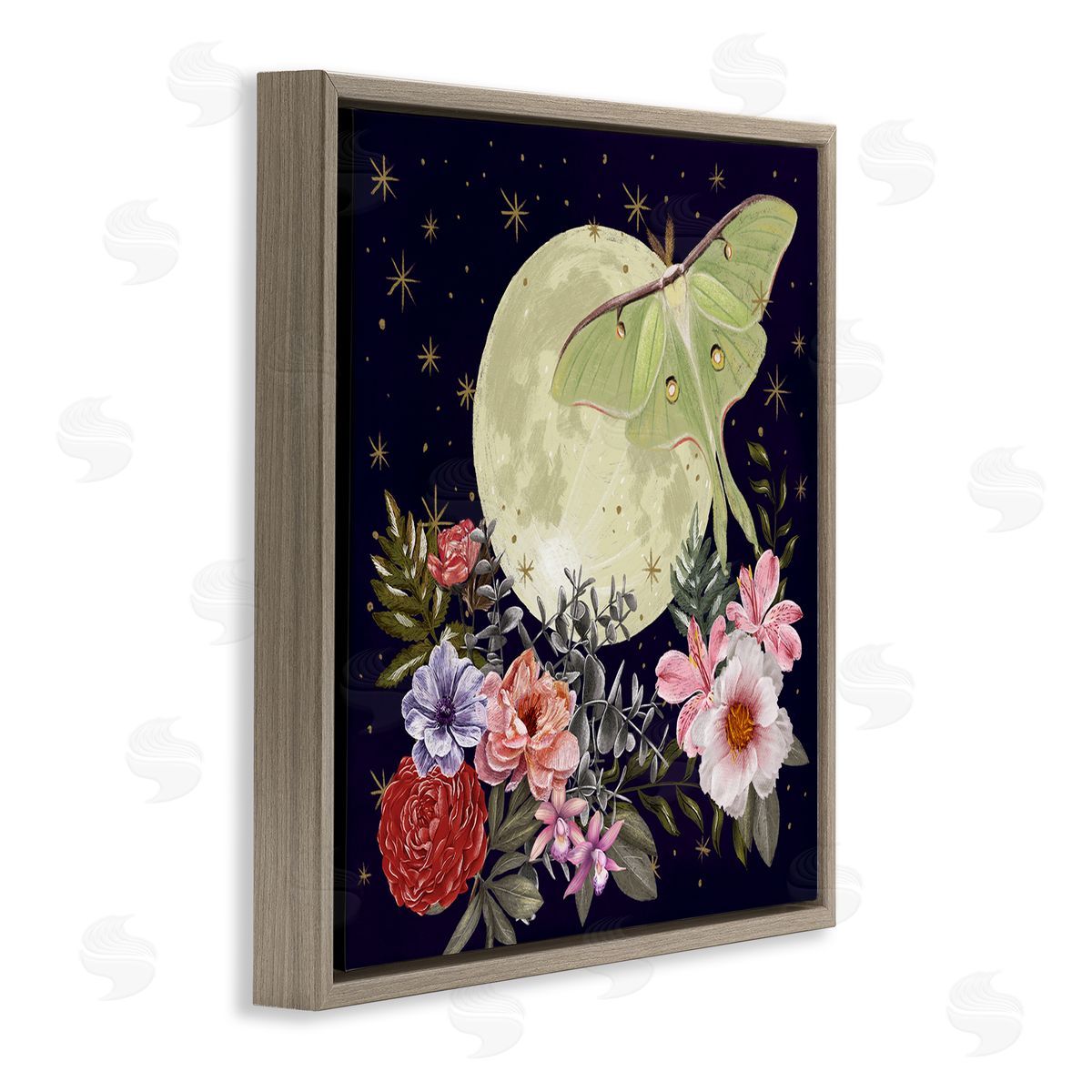 Raquel Maciel Calming Nighttime Luna Moth Flying Moon Flowers Brown Floating Frame Canvas Wall Art Print