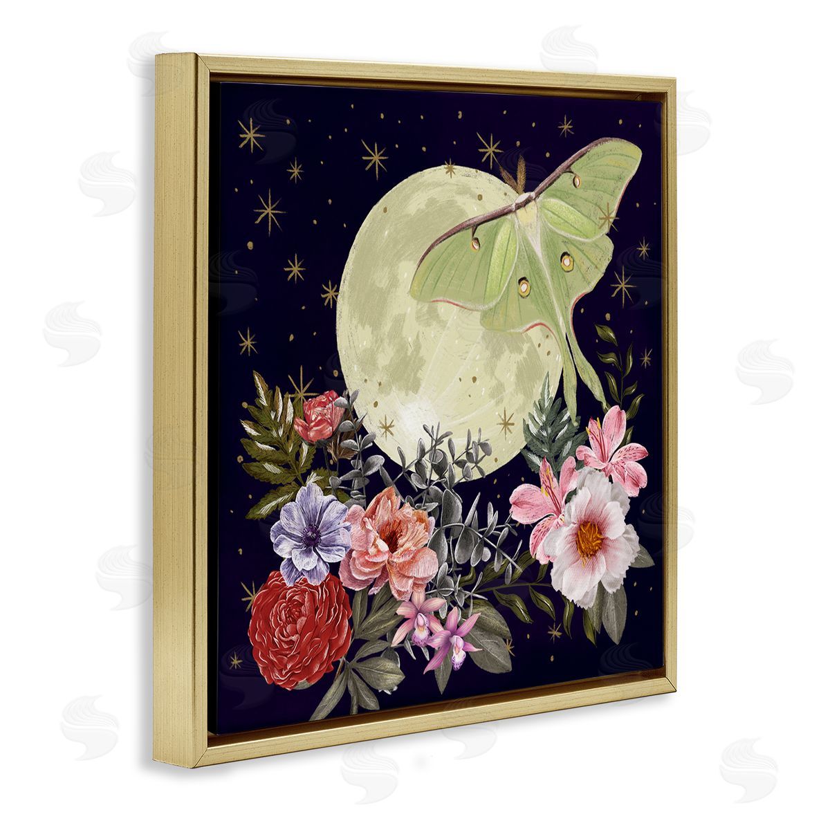 Raquel Maciel Calming Nighttime Luna Moth Flying Moon Flowers Gold Floating Frame Canvas Wall Art Print