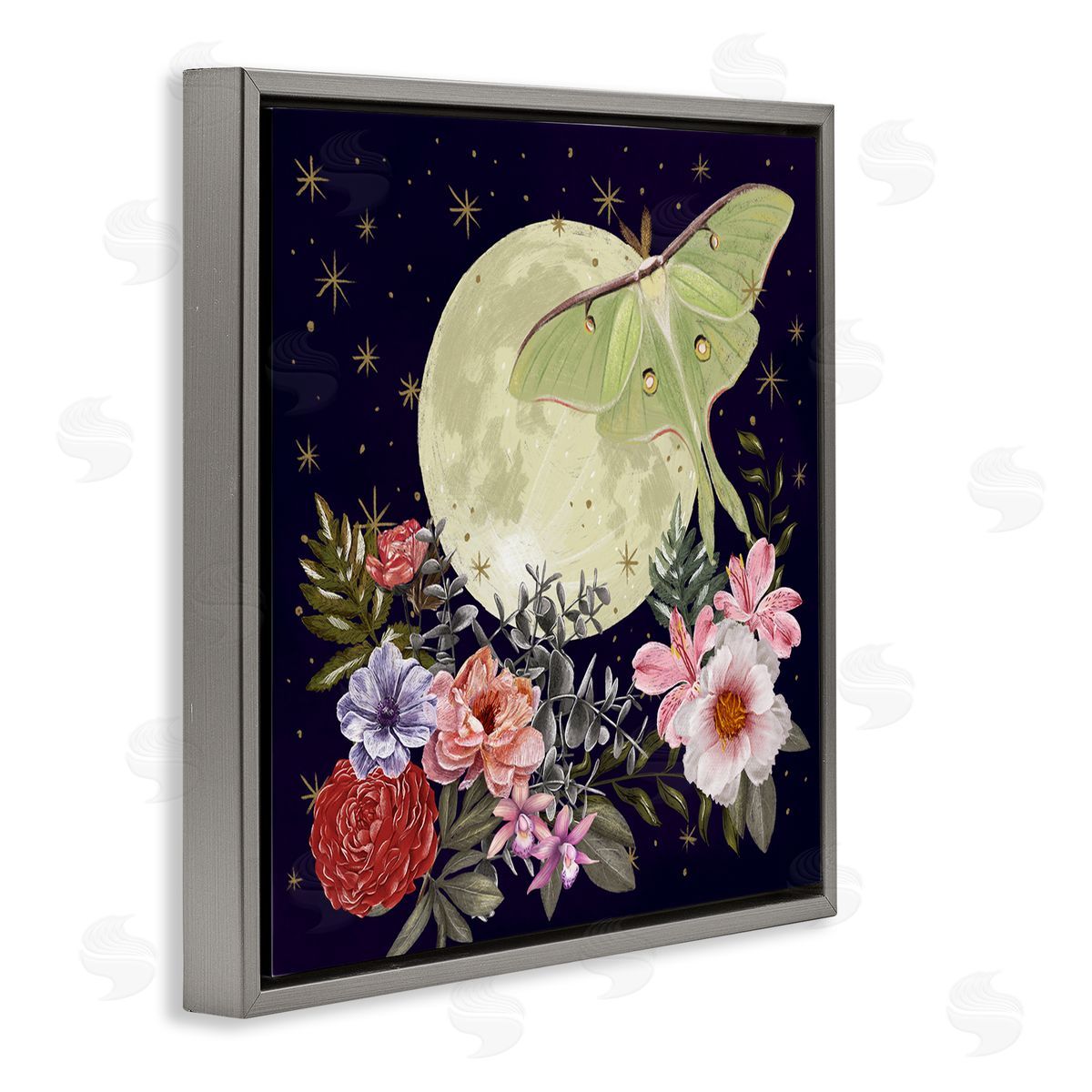 Raquel Maciel Calming Nighttime Luna Moth Flying Moon Flowers Gray Floating Frame Canvas Wall Art Print
