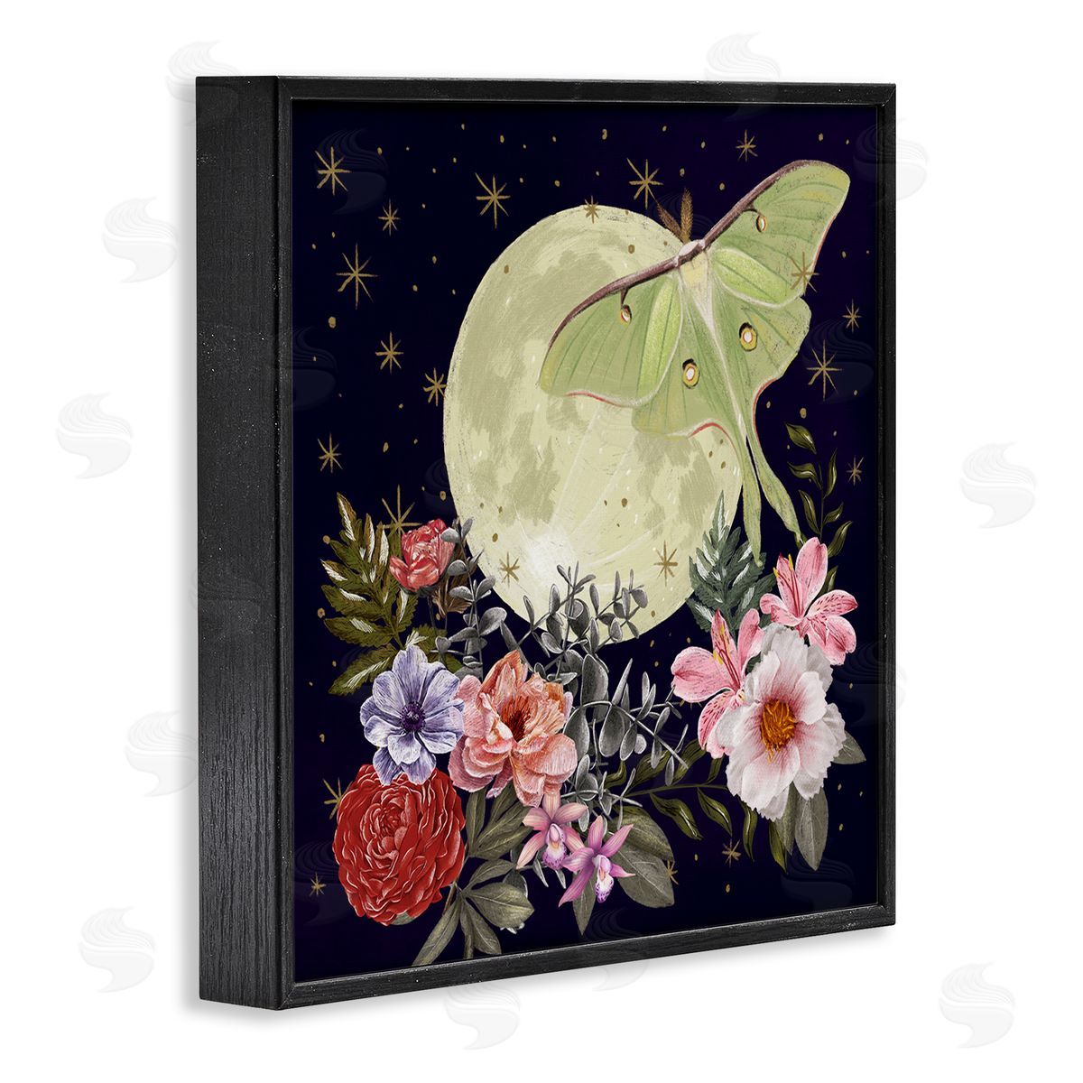 Raquel Maciel Calming Nighttime Luna Moth Flying Moon Flowers Black Framed Glicee Wall Art Print