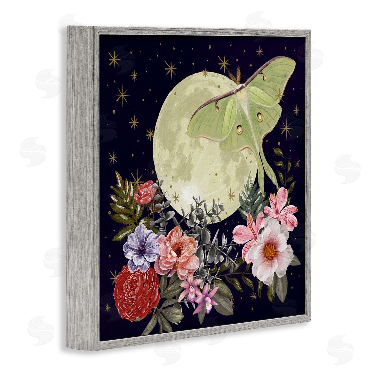 Raquel Maciel Calming Nighttime Luna Moth Flying Moon Flowers Gray Framed Glicee Wall Art Print