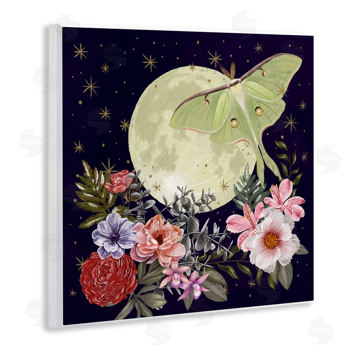 Raquel Maciel Calming Nighttime Luna Moth Flying Moon Flowers Wooden Wall Plaque Art Print