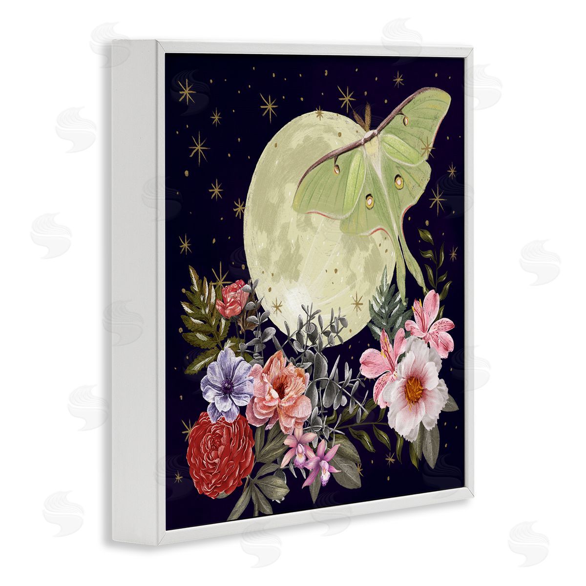 Raquel Maciel Calming Nighttime Luna Moth Flying Moon Flowers White Framed Glicee Wall Art Print