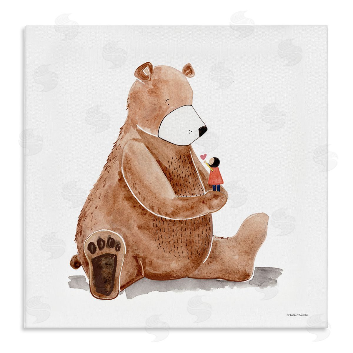 Rachel Nieman Child Loving Heart Big Brown Teddy Bear  Stretched Canvas Wall Art Print