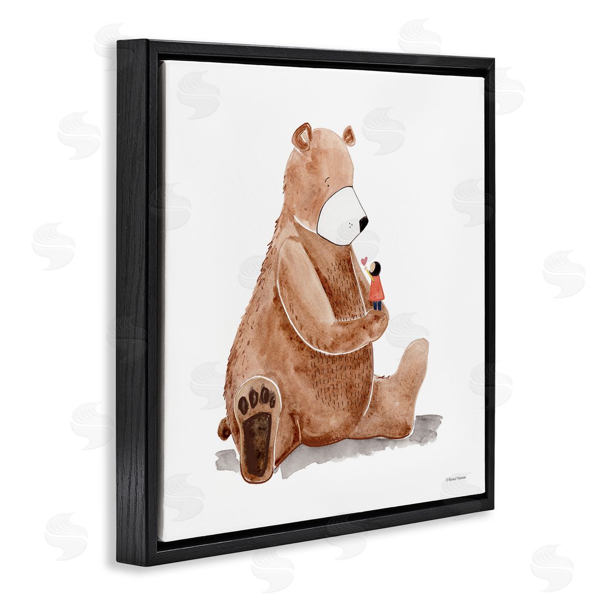 Rachel Nieman Child Loving Heart Big Brown Teddy Bear  Black Floating Frame Canvas Wall Art Print