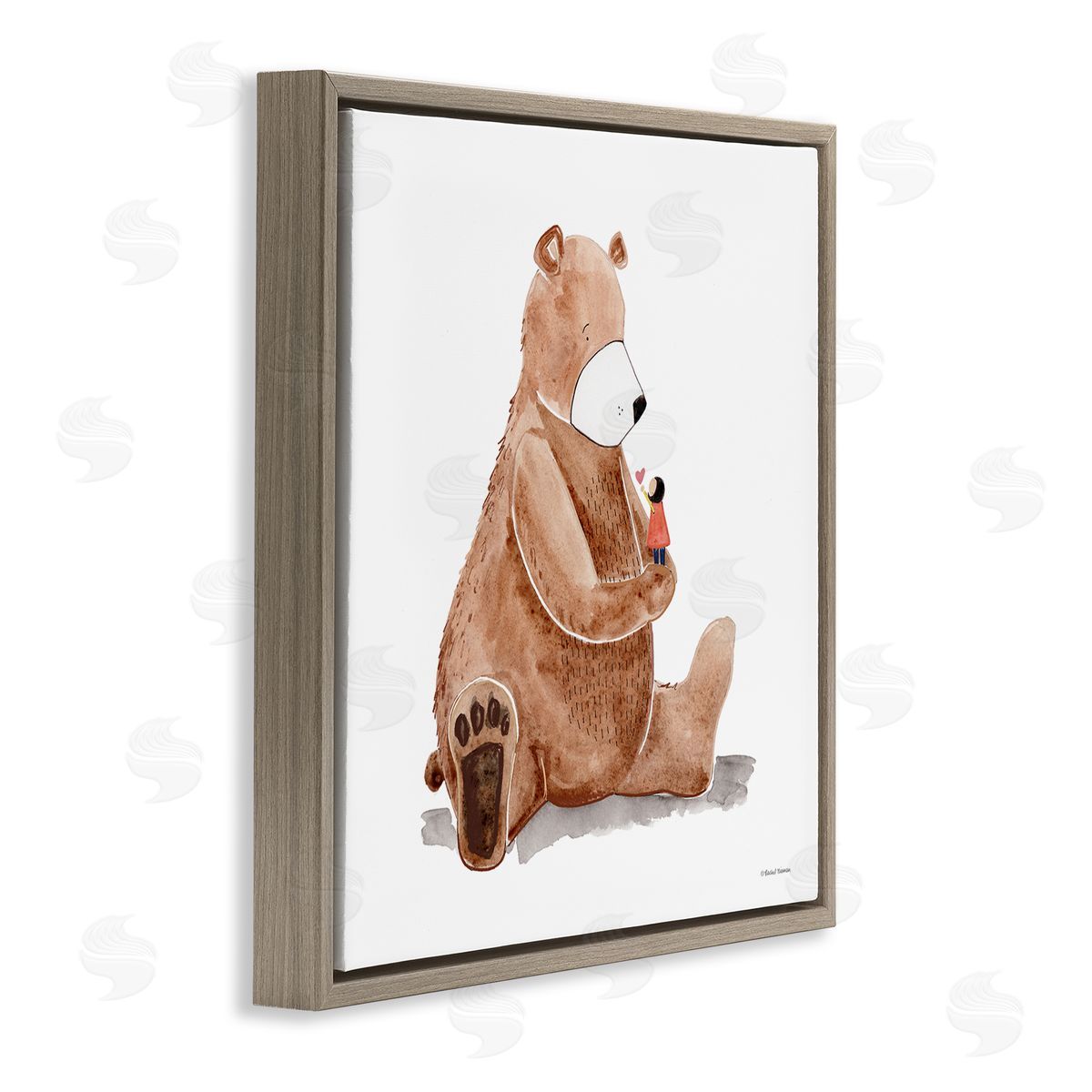 Rachel Nieman Child Loving Heart Big Brown Teddy Bear  Brown Floating Frame Canvas Wall Art Print