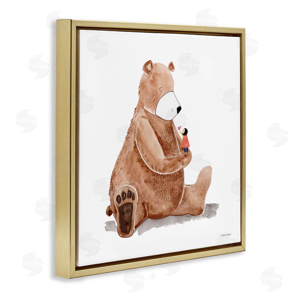 Rachel Nieman Child Loving Heart Big Brown Teddy Bear  Gold Floating Frame Canvas Wall Art Print