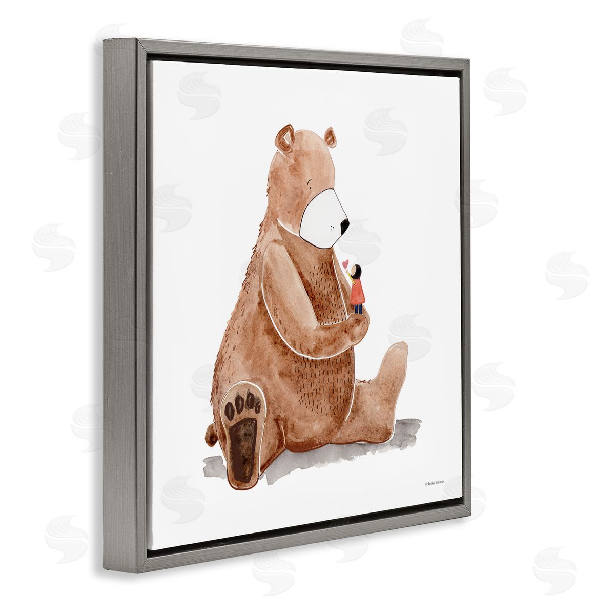 Rachel Nieman Child Loving Heart Big Brown Teddy Bear  Gray Floating Frame Canvas Wall Art Print