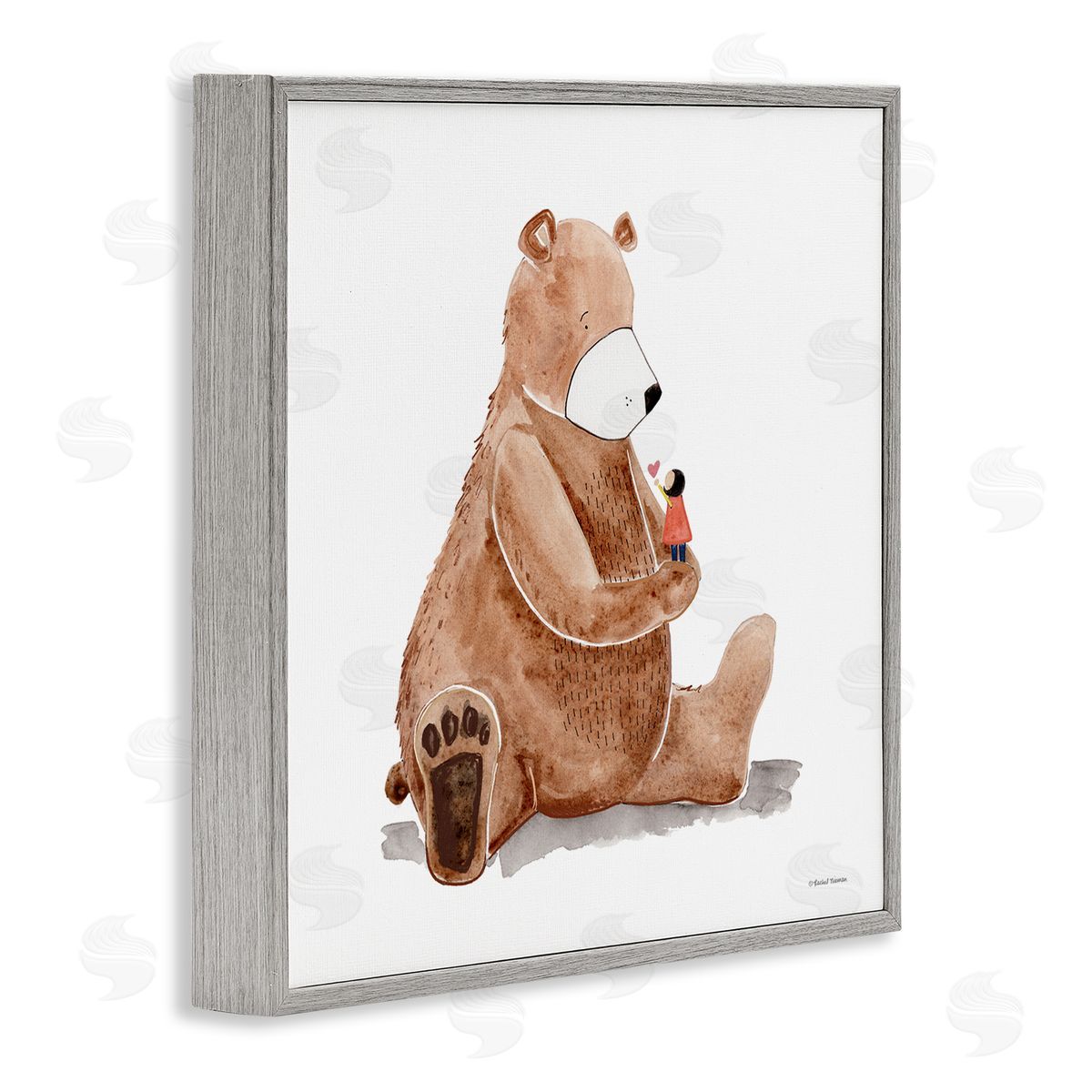 Rachel Nieman Child Loving Heart Big Brown Teddy Bear  Gray Framed Glicee Wall Art Print