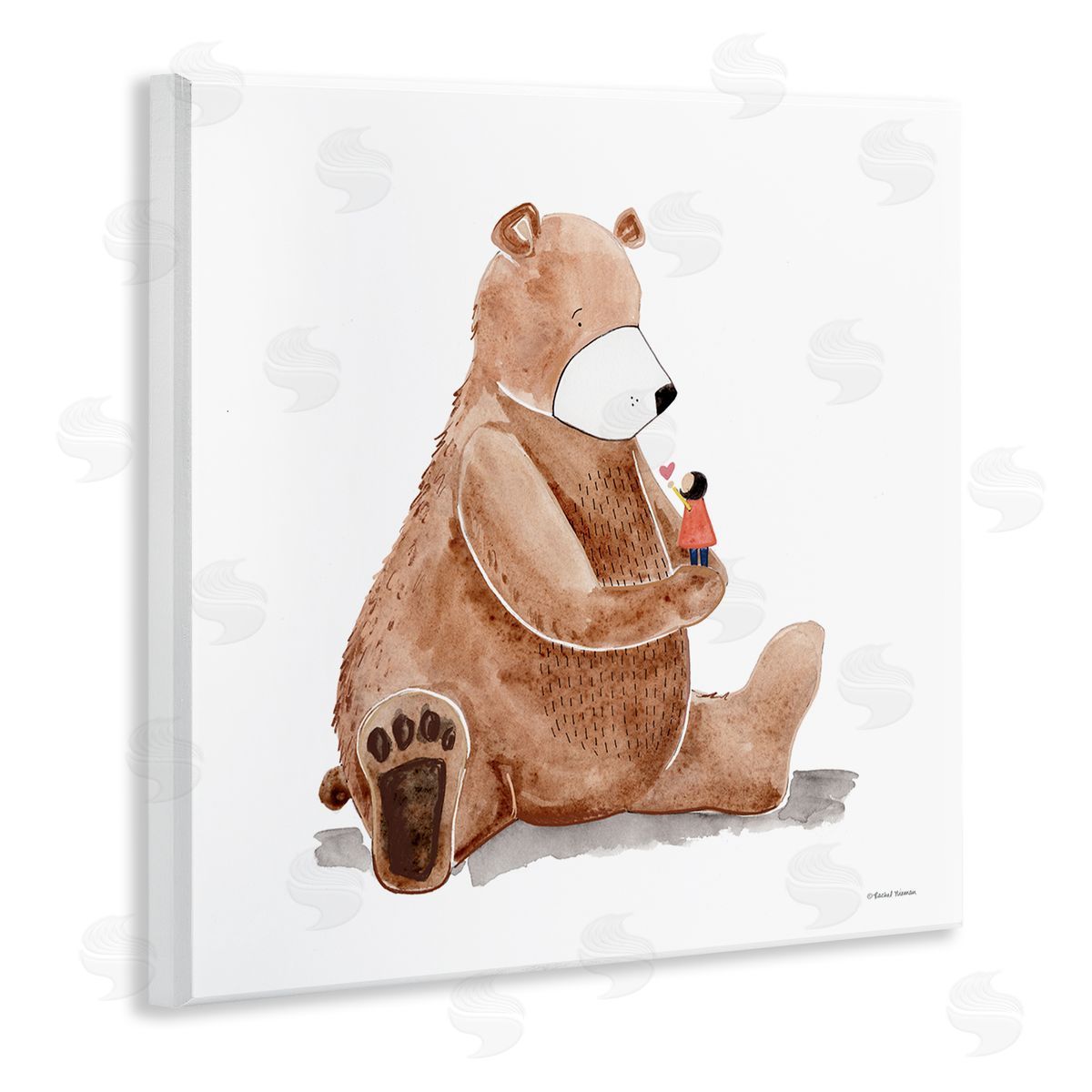 Rachel Nieman Child Loving Heart Big Brown Teddy Bear  Wooden Wall Plaque Art Print