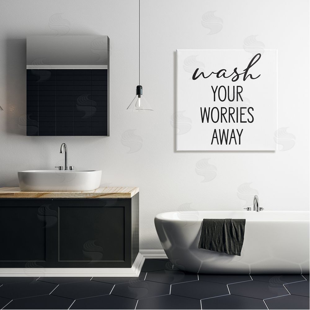 Lettered and Lined Wash Your Worries Away Casual Bathroom Typography Canvas Wall Art in Room