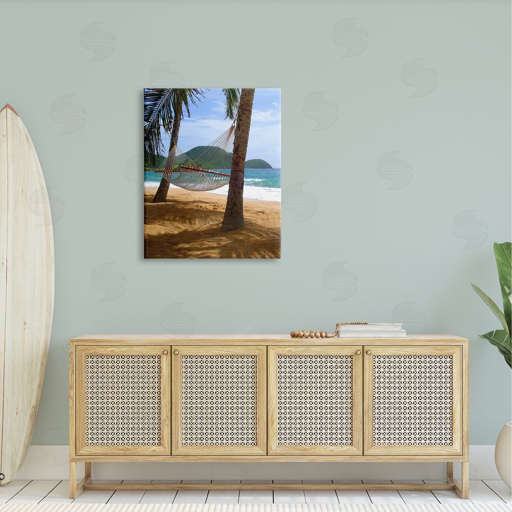 Noah Bay Tropical Summer Vacation Hammock Between Palm Trees Canvas Wall Art Print in Room