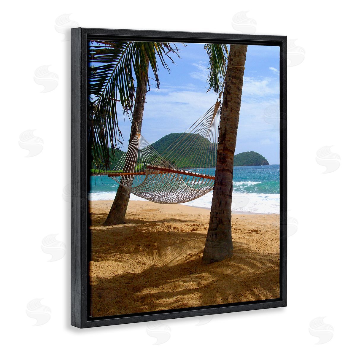 Noah Bay Tropical Summer Vacation Hammock Between Palm Trees Black Floating Frame Canvas Wall Art Print