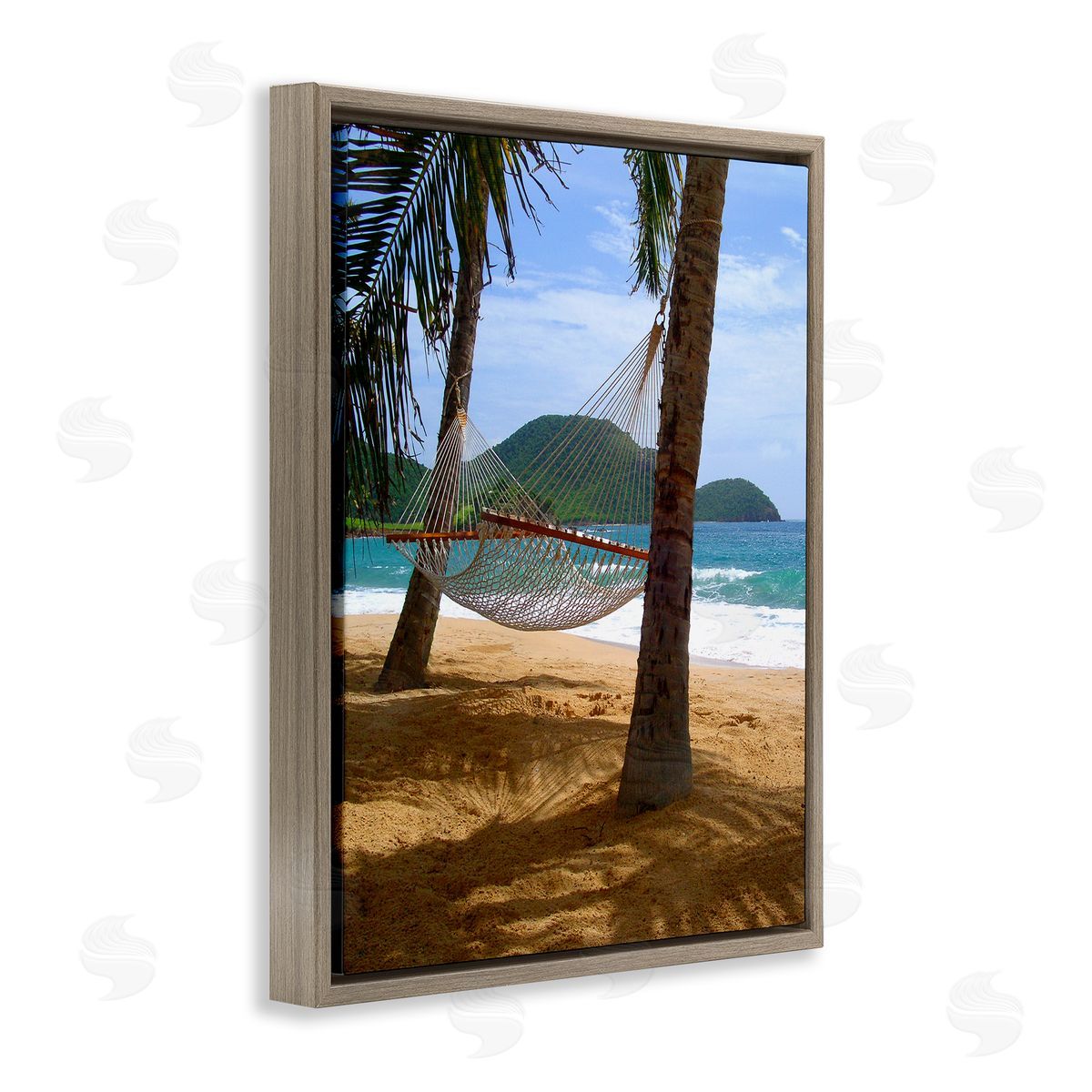 Noah Bay Tropical Summer Vacation Hammock Between Palm Trees Brown Floating Frame Canvas Wall Art Print