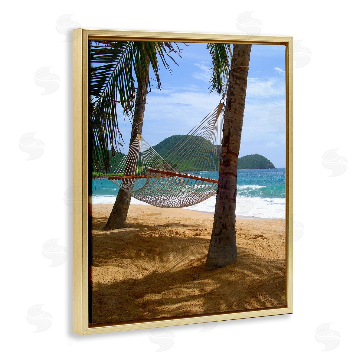 Noah Bay Tropical Summer Vacation Hammock Between Palm Trees Gold Floating Frame Canvas Wall Art Print