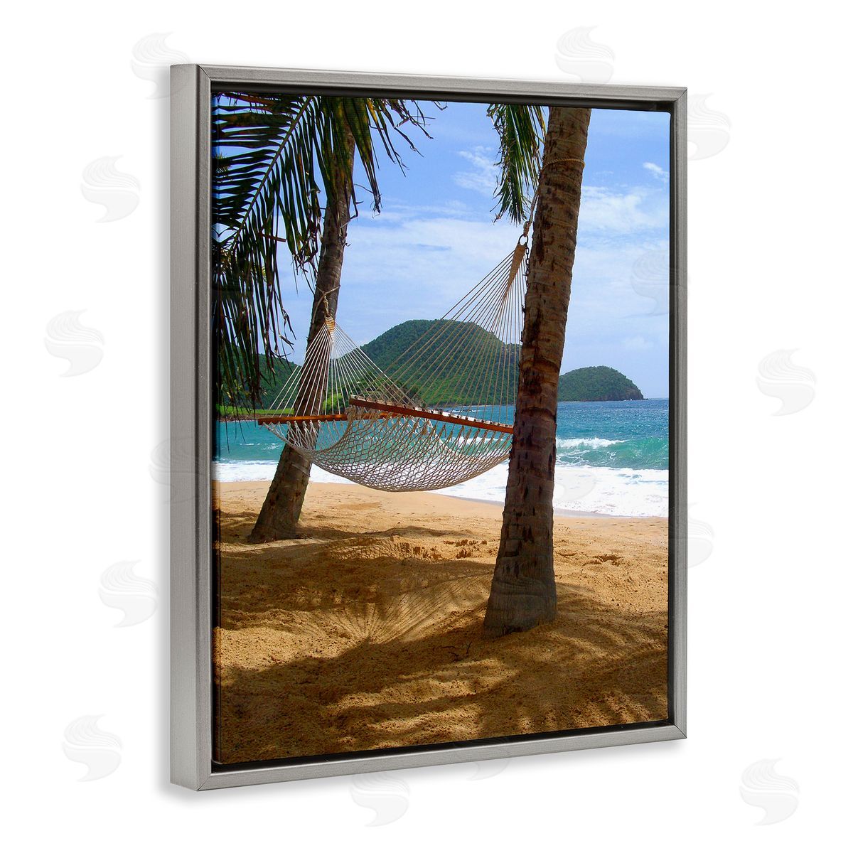 Noah Bay Tropical Summer Vacation Hammock Between Palm Trees Gray Floating Frame Canvas Wall Art Print