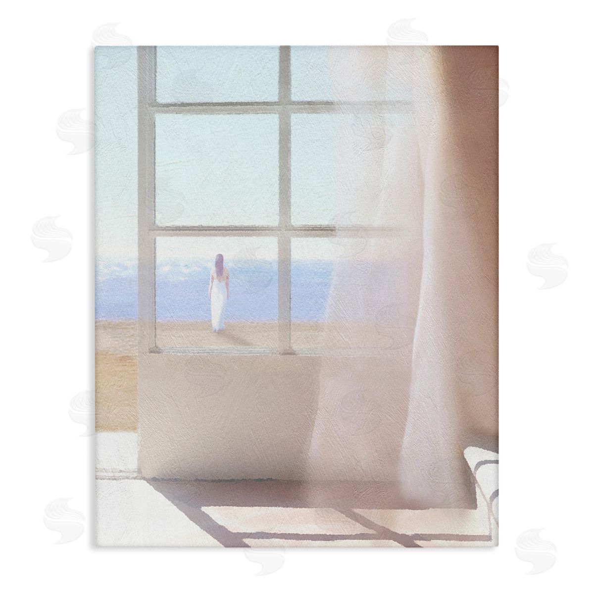Noah Bay Soothing Beach Sunlight Woman Waiting Shoreline Window Stretched Canvas Wall Art Print