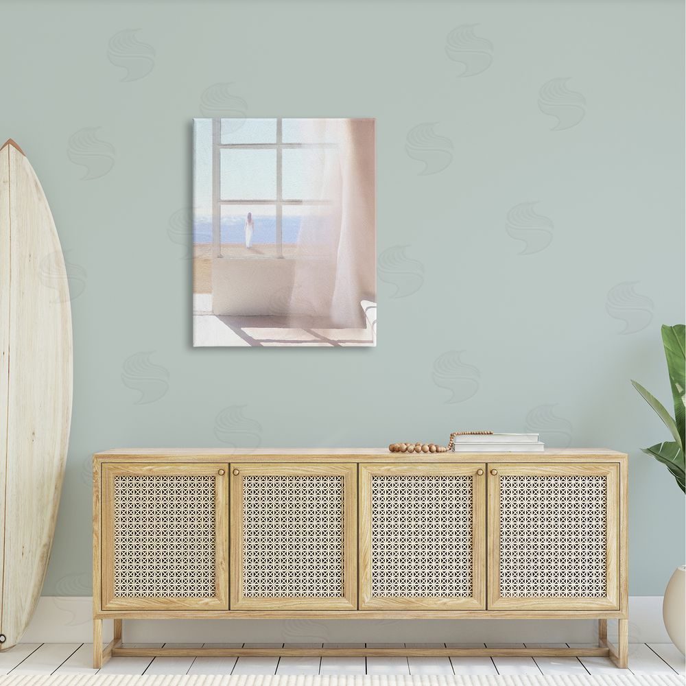 Noah Bay Soothing Beach Sunlight Woman Waiting Shoreline Window Canvas Wall Art Print in Room