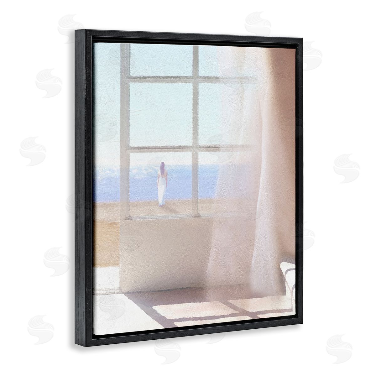Noah Bay Soothing Beach Sunlight Woman Waiting Shoreline Window Black Floating Frame Canvas Wall Art Print