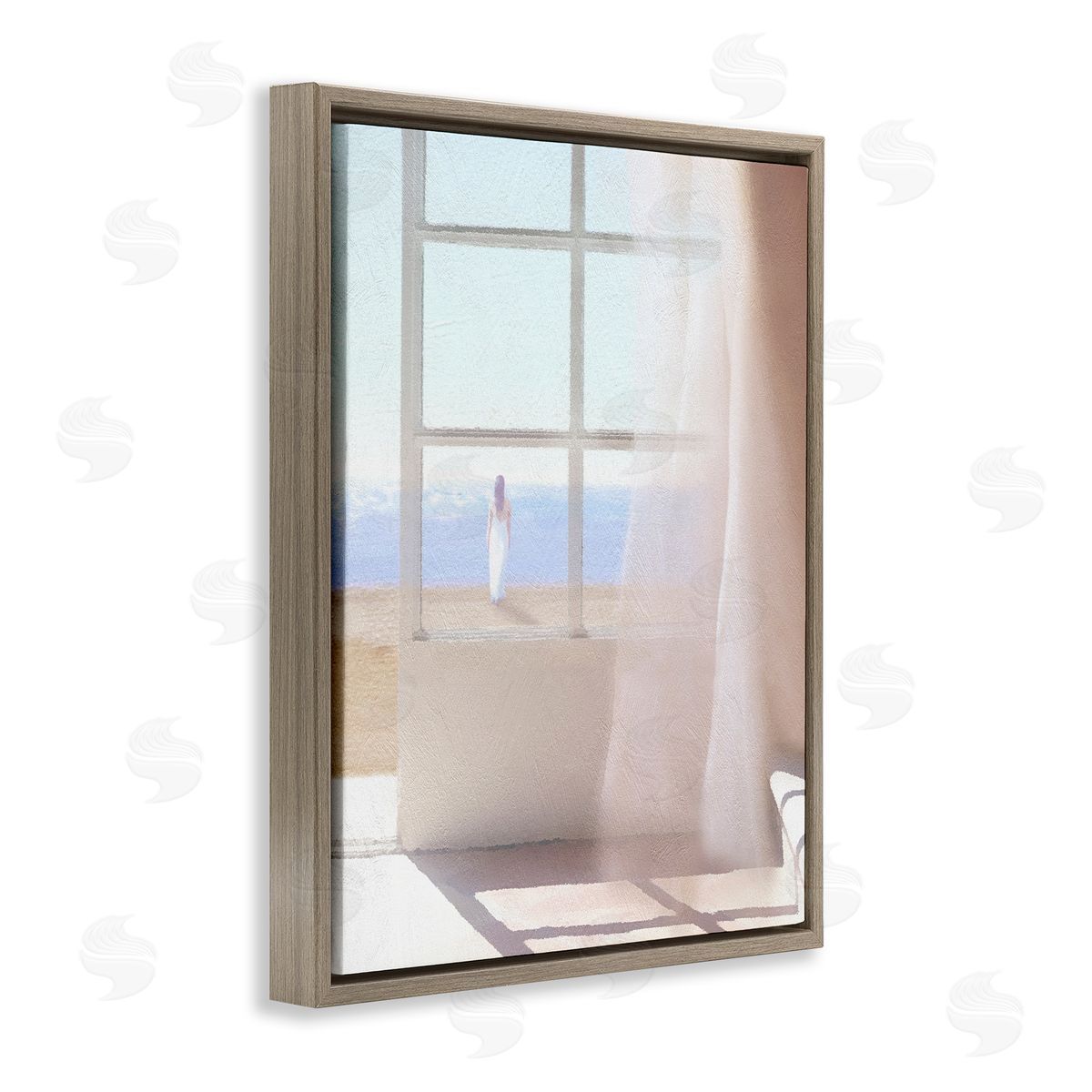Noah Bay Soothing Beach Sunlight Woman Waiting Shoreline Window Brown Floating Frame Canvas Wall Art Print