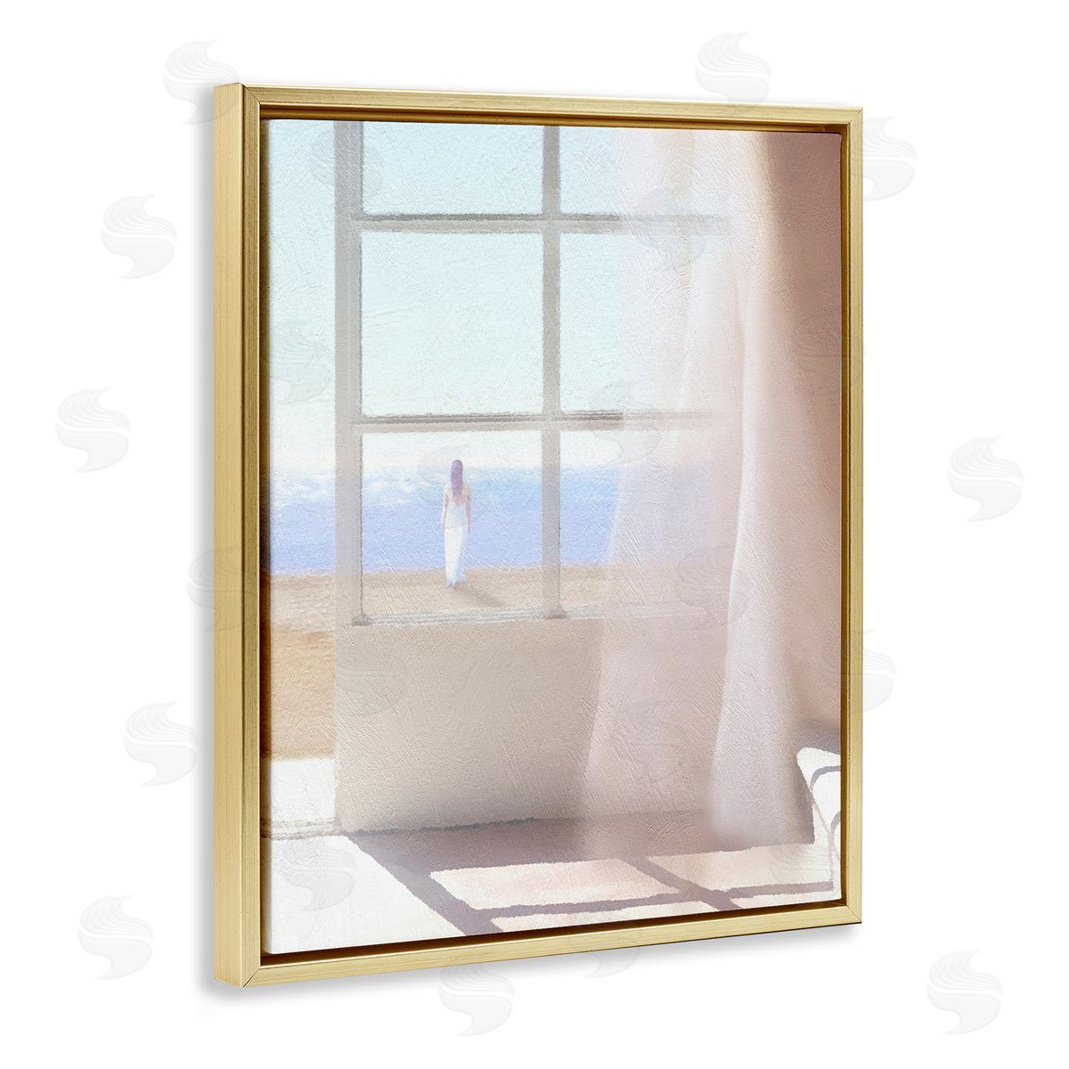 Noah Bay Soothing Beach Sunlight Woman Waiting Shoreline Window Gold Floating Frame Canvas Wall Art Print