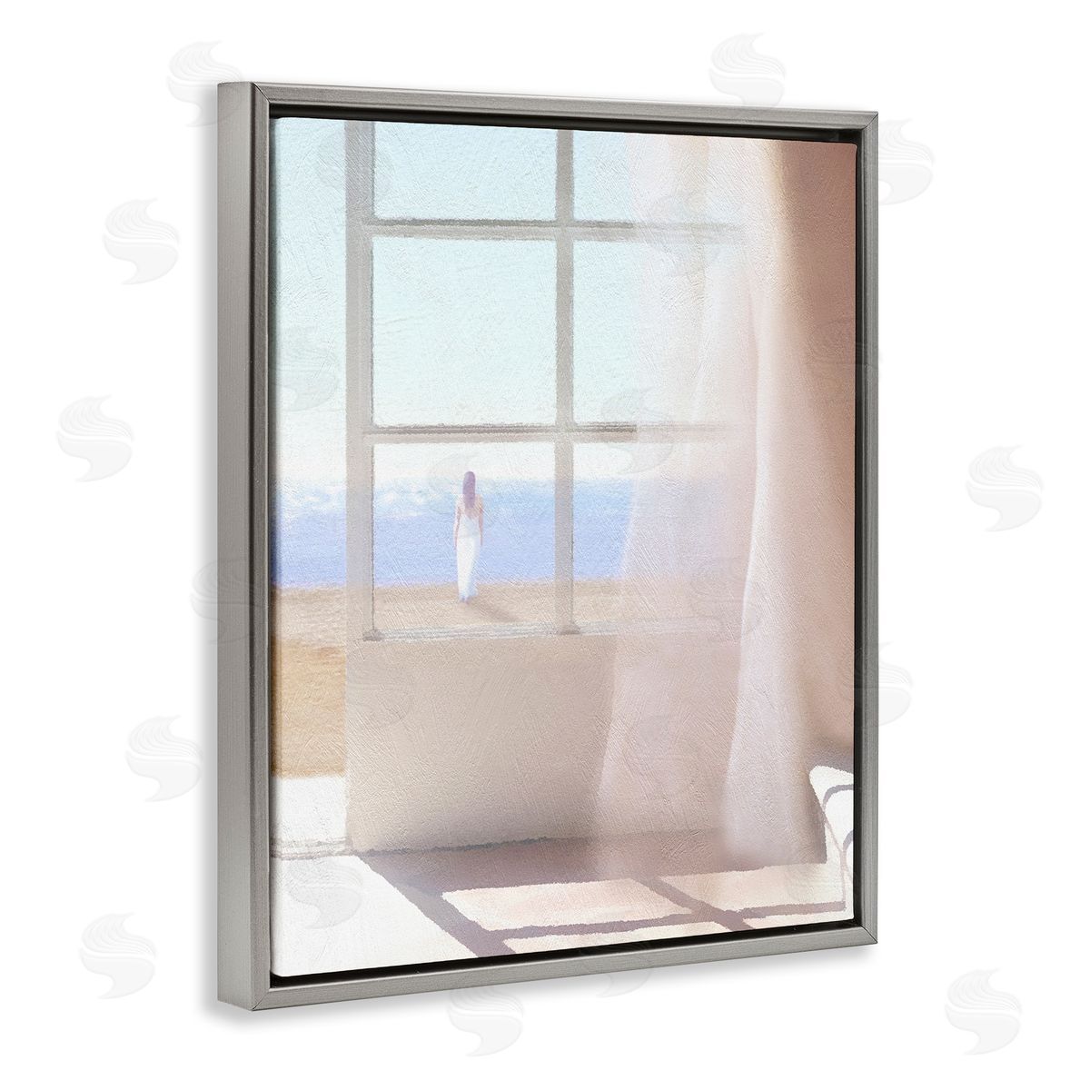 Noah Bay Soothing Beach Sunlight Woman Waiting Shoreline Window Gray Floating Frame Canvas Wall Art Print