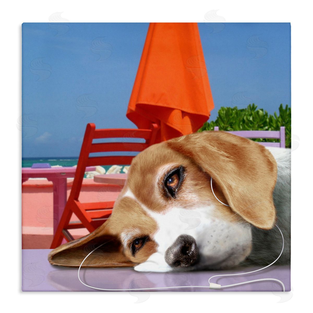Noah Bay Tired Dog Laying Music Headphones Summer Beach  Stretched Canvas Wall Art Print