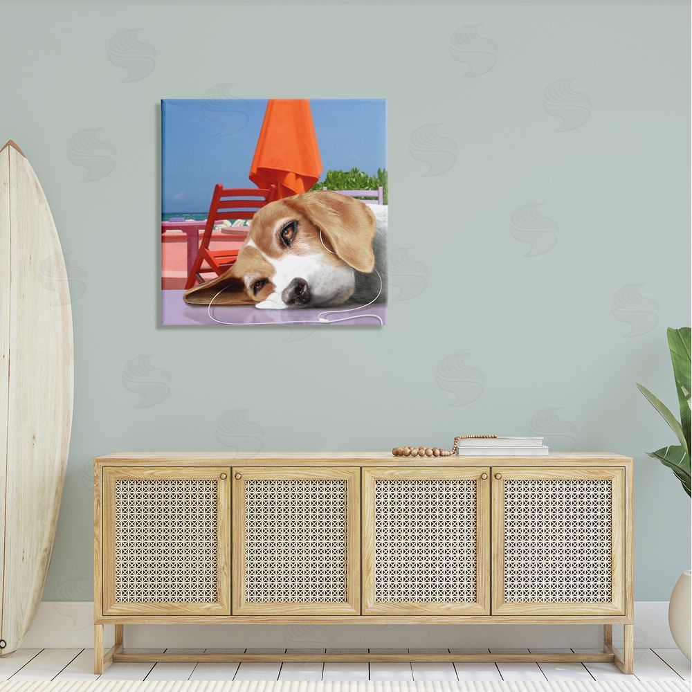 Noah Bay Tired Dog Laying Music Headphones Summer Beach  Canvas Wall Art in Room