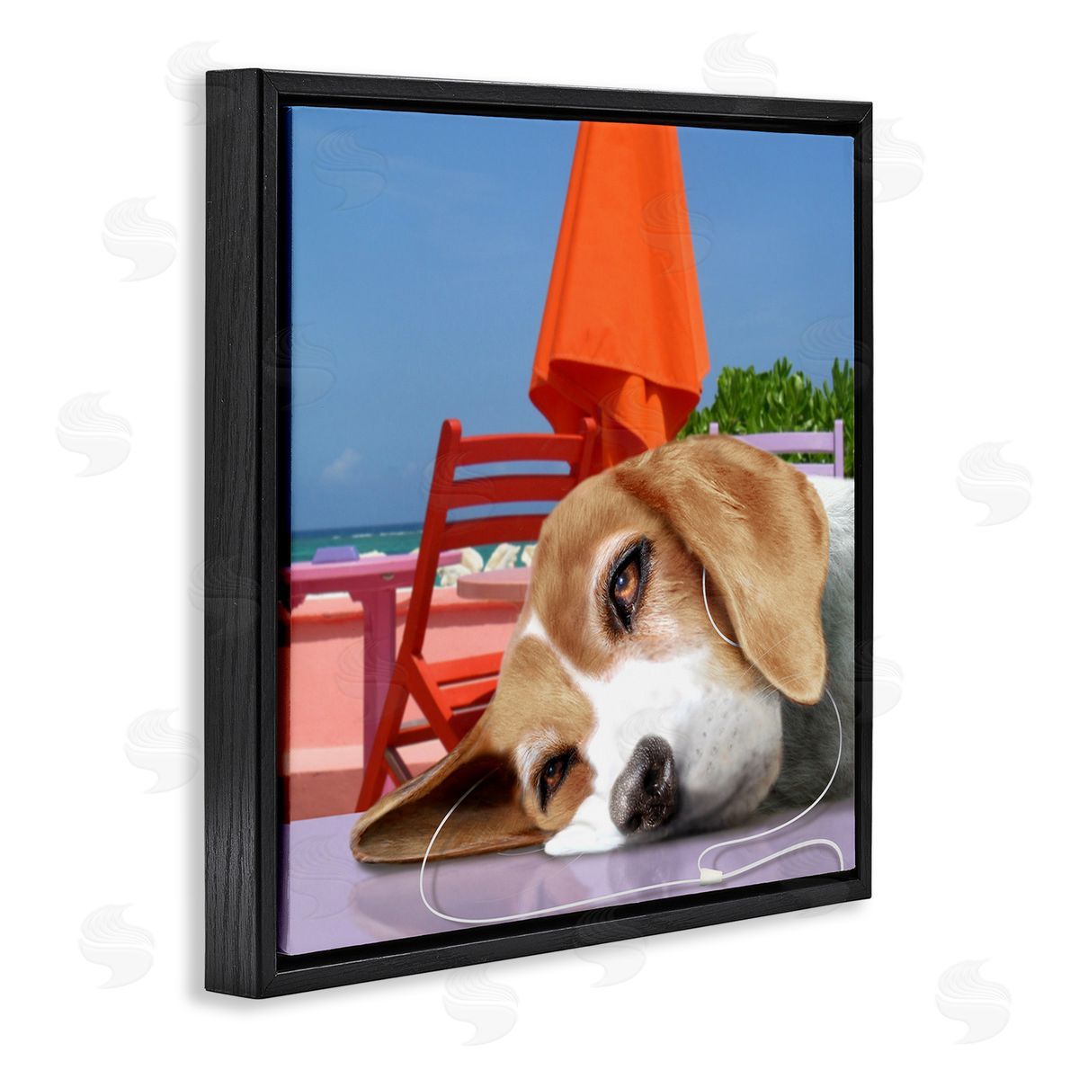Noah Bay Tired Dog Laying Music Headphones Summer Beach  Black Floating Frame Canvas Wall Art Print