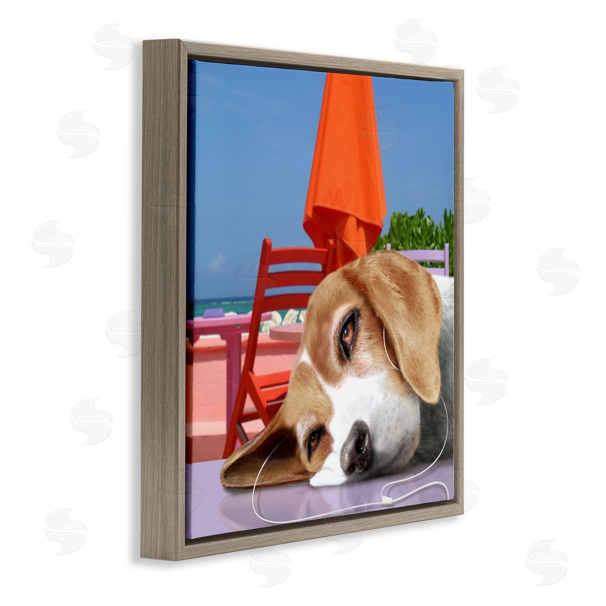 Noah Bay Tired Dog Laying Music Headphones Summer Beach  Brown Floating Frame Canvas Wall Art Print