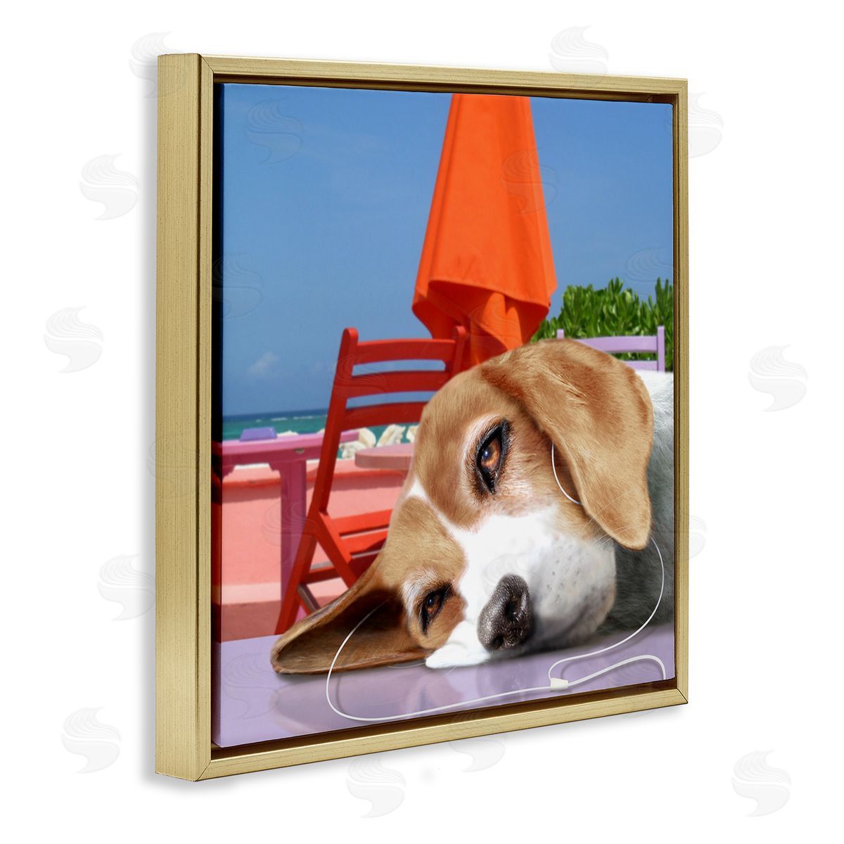 Noah Bay Tired Dog Laying Music Headphones Summer Beach  Gold Floating Frame Canvas Wall Art Print