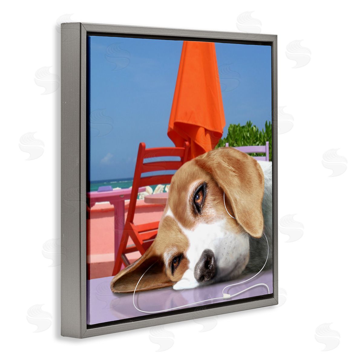 Noah Bay Tired Dog Laying Music Headphones Summer Beach  Gray Floating Frame Canvas Wall Art Print