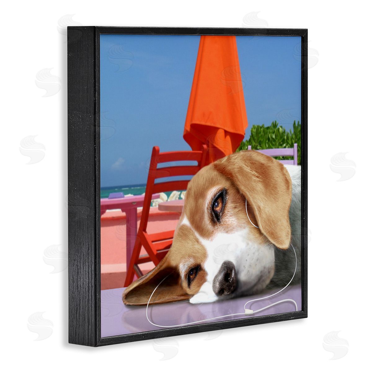 Noah Bay Tired Dog Laying Music Headphones Summer Beach  Black Framed Glicee Wall Art Print