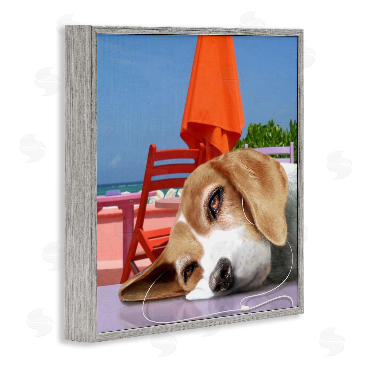 Noah Bay Tired Dog Laying Music Headphones Summer Beach  Gray Framed Glicee Wall Art Print