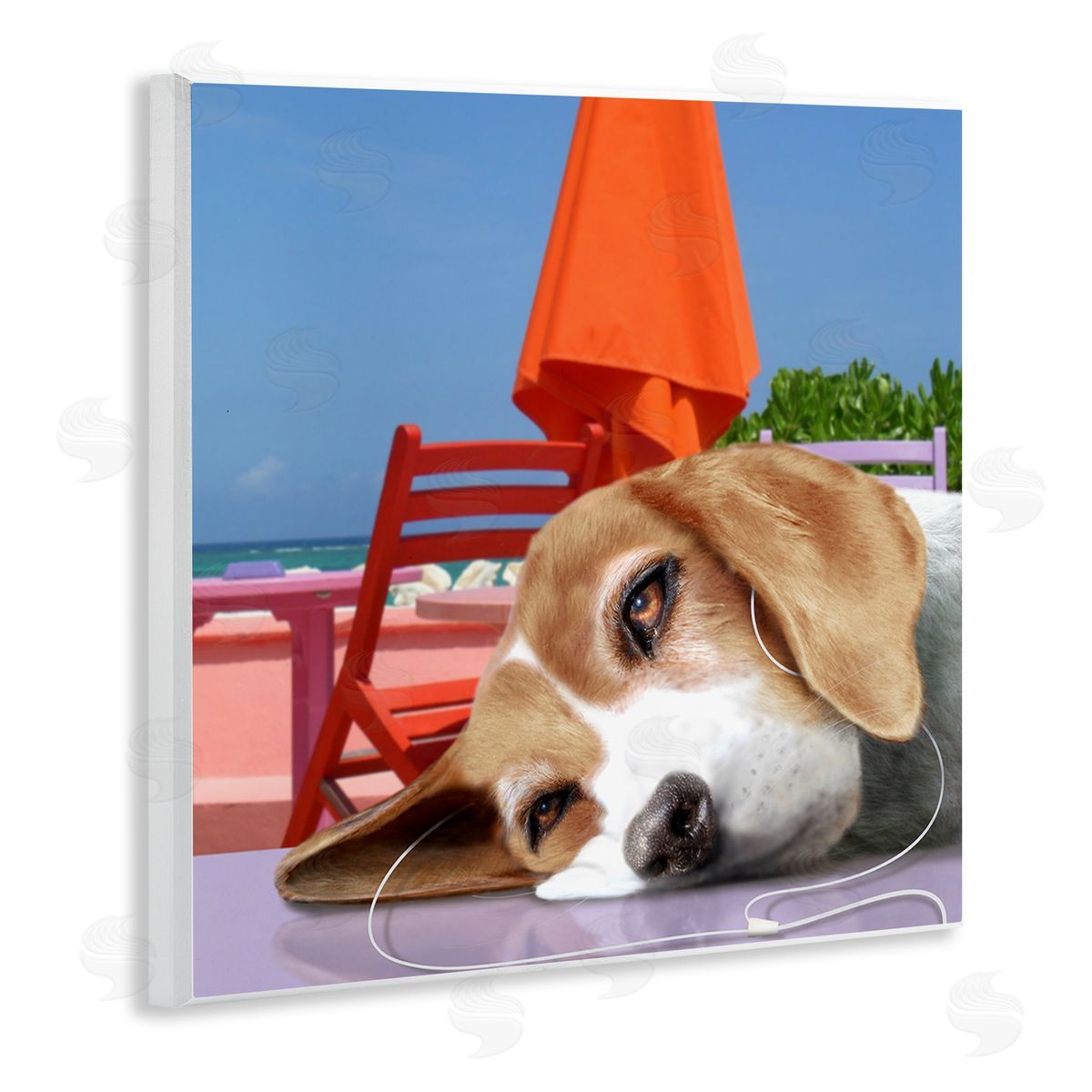 Noah Bay Tired Dog Laying Music Headphones Summer Beach  Wooden Wall Plaque Art Print