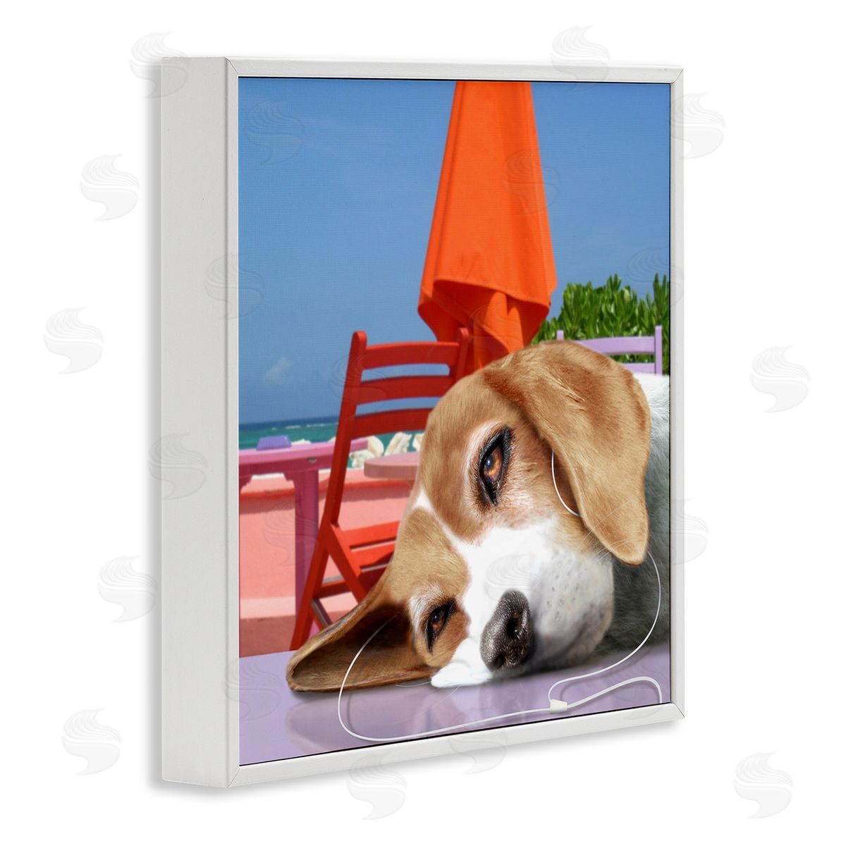 Noah Bay Tired Dog Laying Music Headphones Summer Beach  White Framed Glicee Wall Art Print