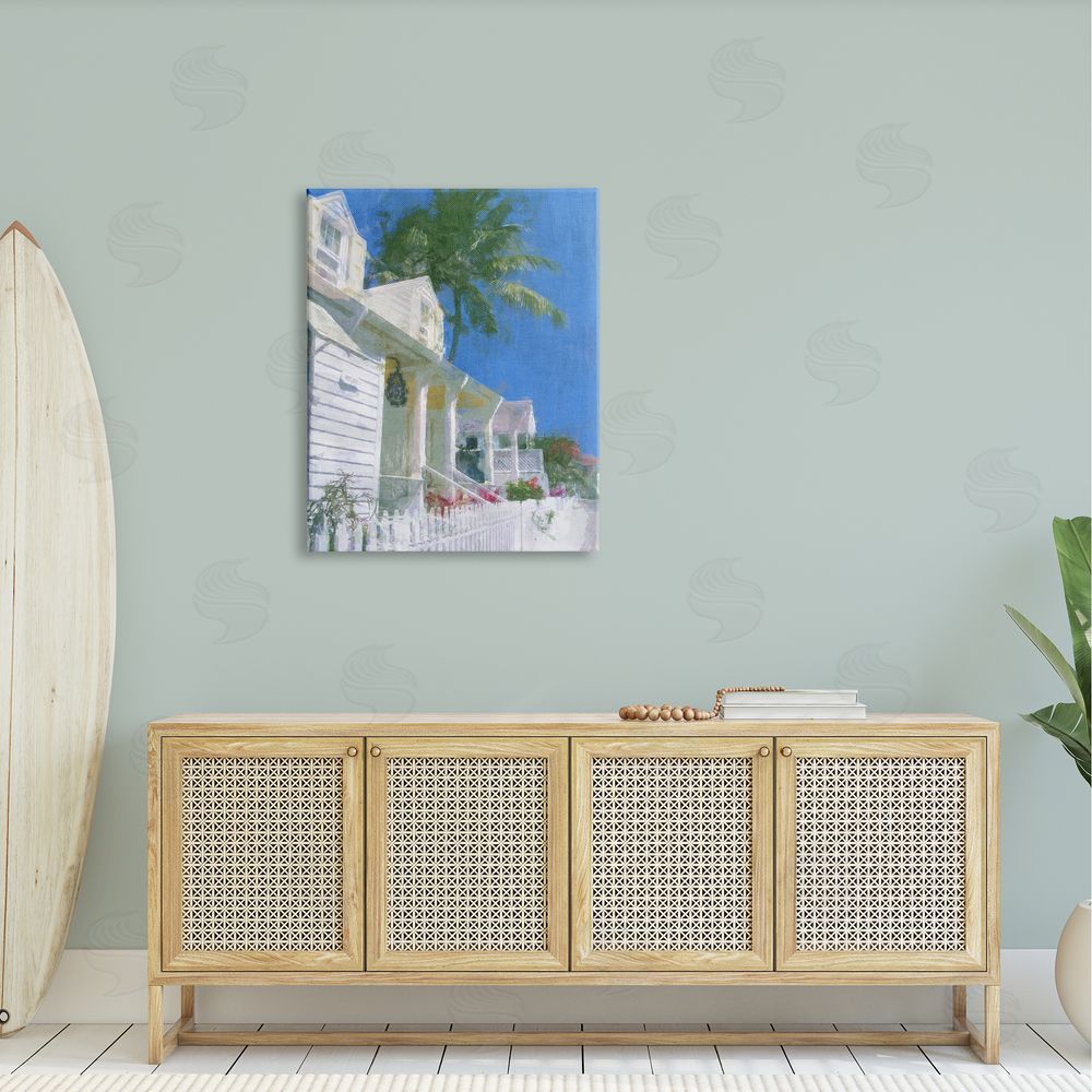 Noah Bay Palm Tree Looming White Summer Villa Cottage  Canvas Wall Art Print in Room