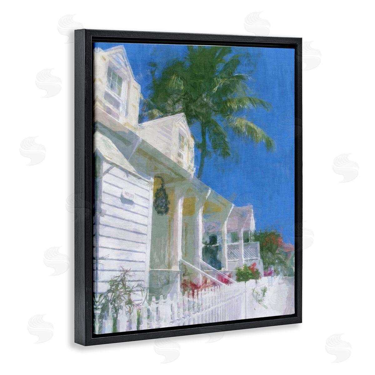 Noah Bay Palm Tree Looming White Summer Villa Cottage  Black Floating Frame Canvas Wall Art Print