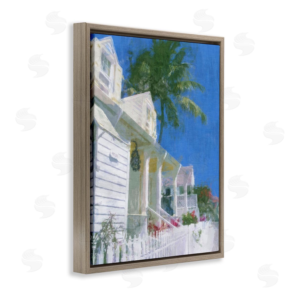 Noah Bay Palm Tree Looming White Summer Villa Cottage  Brown Floating Frame Canvas Wall Art Print