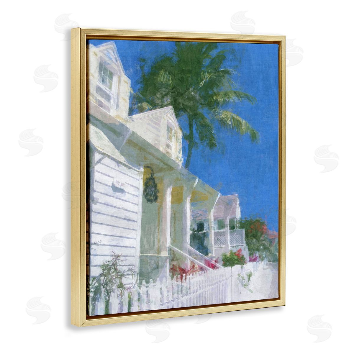 Noah Bay Palm Tree Looming White Summer Villa Cottage  Gold Floating Frame Canvas Wall Art Print