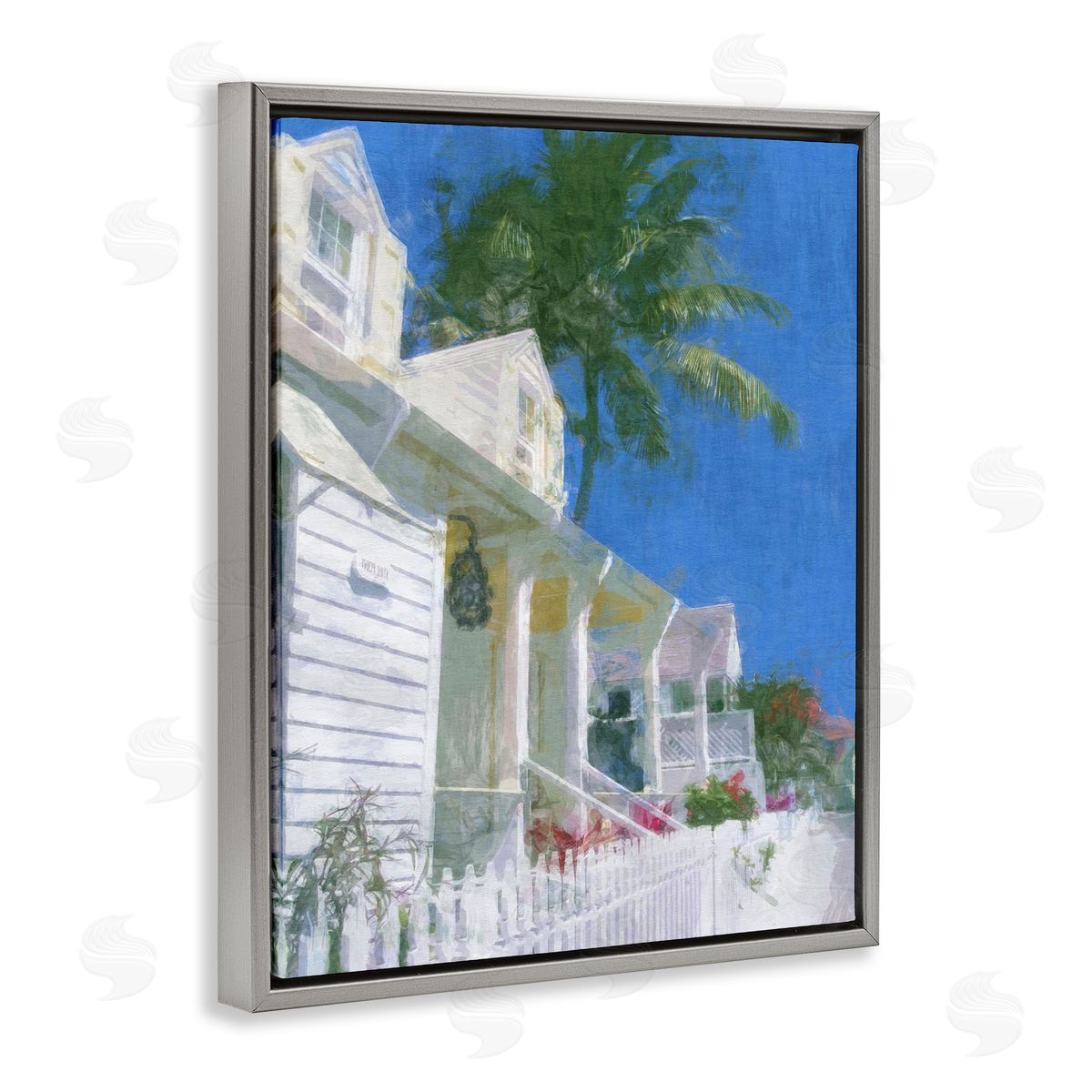 Noah Bay Palm Tree Looming White Summer Villa Cottage  Gray Floating Frame Canvas Wall Art Print