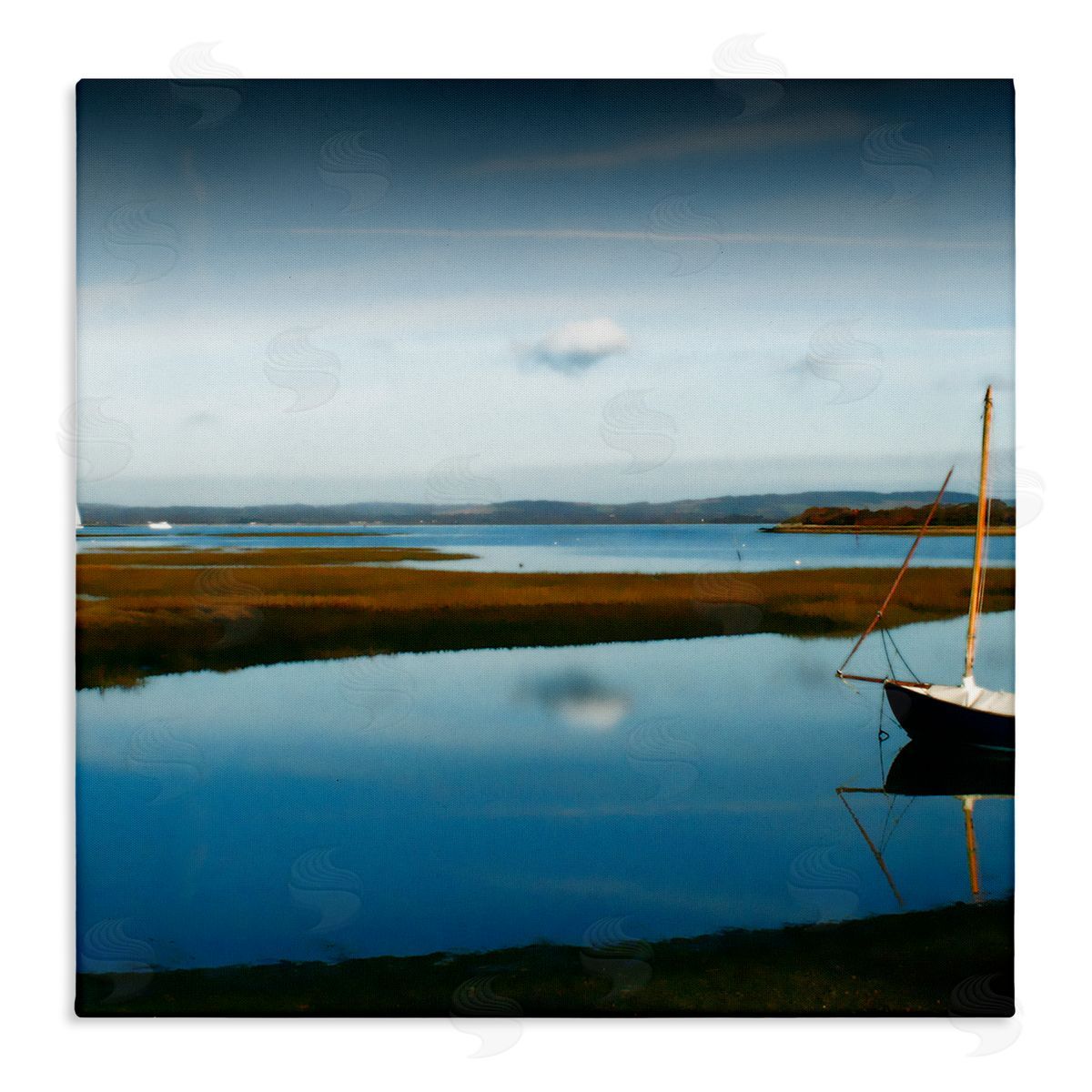 Noah Bay Dreamy Boat Floating Cloud Reflection Grassy Shore Stretched Canvas Wall Art Print