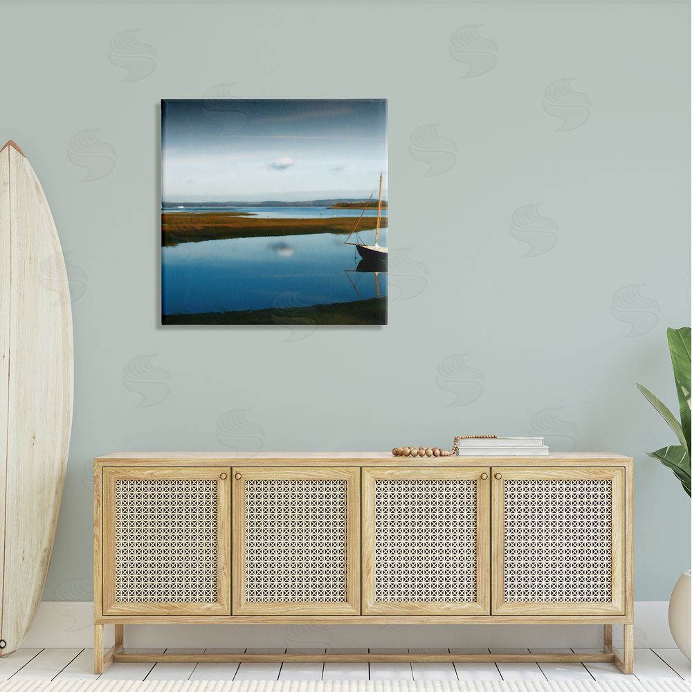 Noah Bay Dreamy Boat Floating Cloud Reflection Grassy Shore Canvas Wall Art in Room
