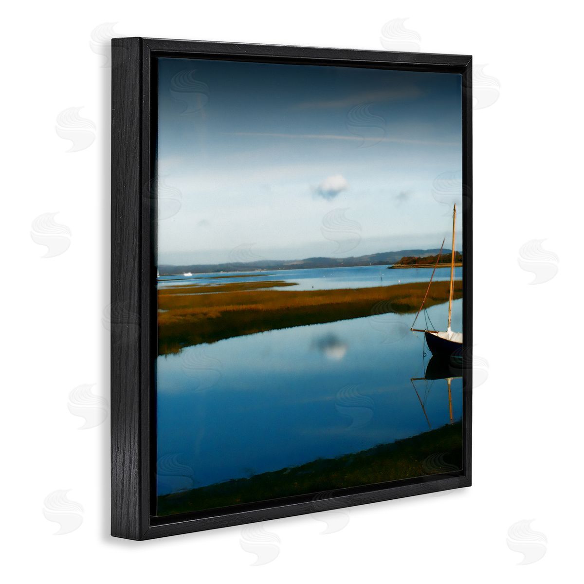 Noah Bay Dreamy Boat Floating Cloud Reflection Grassy Shore Black Floating Frame Canvas Wall Art Print